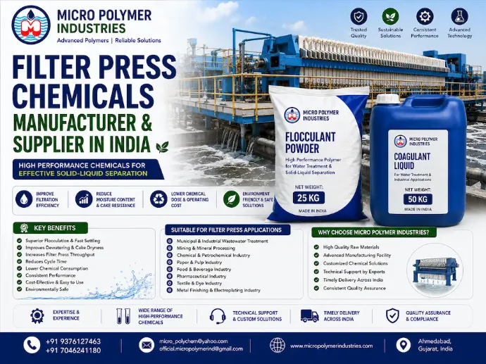 Micro Polymer Industries is a trusted Filter Press Chemicals Manufacturer & Supplier in India, providing customized chemical solutions for filter press systems across diverse industries. Since 1992, we have been manufacturing high-performance flocculants, coagulants, and sludge dewatering chemicals that enhance filter press productivity, reduce chemical consumption, and support sustainable wastewater management.