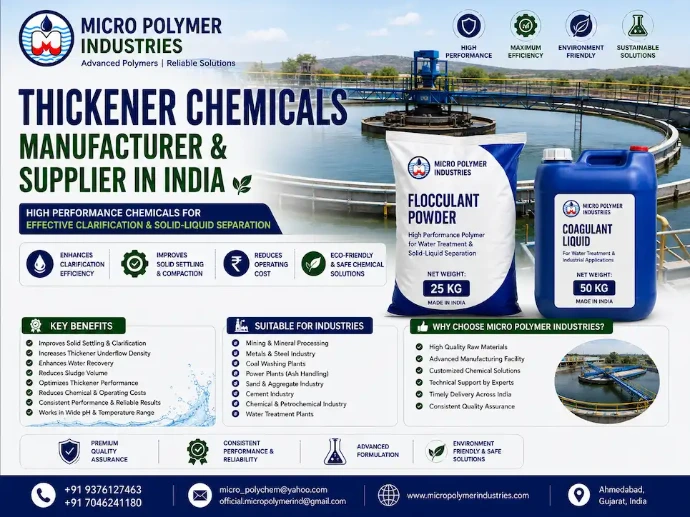 Micro Polymer Industries is one of India's leading manufacturers and suppliers of Thickener Chemicals for mining, mineral processing, coal washery, quarry plants and industrial wastewater treatment.