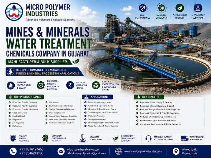 Micro Polymer Industries is a trusted Mines & Minerals Water Treatment Chemicals Company in Gujarat, manufacturing high-performance specialty chemicals for mining, mineral processing, quarry plants, aggregate washing units and mine wastewater treatment systems.