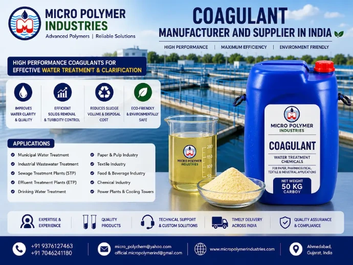 Looking for a reliable Coagulant Manufacturer and Supplier in India? Micro Polymer Industries is a trusted manufacturer of high-performance Coagulant Chemicals for industrial and municipal water & wastewater treatment applications. Since 1992, we have been supplying premium quality coagulants that help industries achieve faster coagulation, efficient suspended solids removal, improved clarification, and reduced treatment costs.