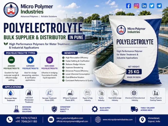 Micro Polymer Industries is a trusted Polyelectrolyte Bulk Supplier & Distributor in Pune, supplying premium quality water and wastewater treatment chemicals for industries across Pune and Maharashtra. With more than 30 years of manufacturing experience, we help industries improve wastewater treatment efficiency, sludge dewatering performance and clarification processes through high-performance treatment chemicals. Our manufacturing unit is located in Ahmedabad, Gujarat.
