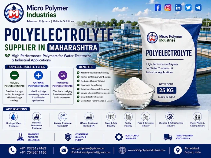 Micro Polymer Industries is a trusted Polyelectrolyte Supplier in Maharashtra, providing advanced water and wastewater treatment chemicals to industries across the state. Our manufacturing unit is located in Ahmedabad, Gujarat, India.