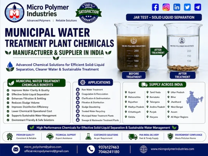Micro Polymer Industries is a trusted Municipal Water Treatment Plant Chemical Manufacturer & Supplier in India with over 30 years of manufacturing experience (Since 1992). We supply high-performance water treatment chemicals to Municipal Corporations, Nagar Palikas, Water Boards, Government Contractors, EPC Companies and Industrial Water Treatment Service Providers across India.