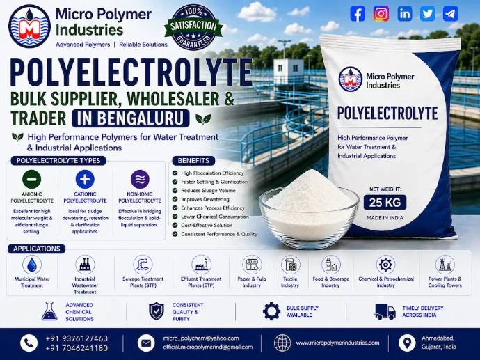 Micro Polymer Industries is a trusted Polyelectrolyte Bulk Supplier, Wholesaler & Trader in Bengaluru, manufacturing and supplying premium-quality industrial water and wastewater treatment chemicals across Bengaluru and Karnataka.