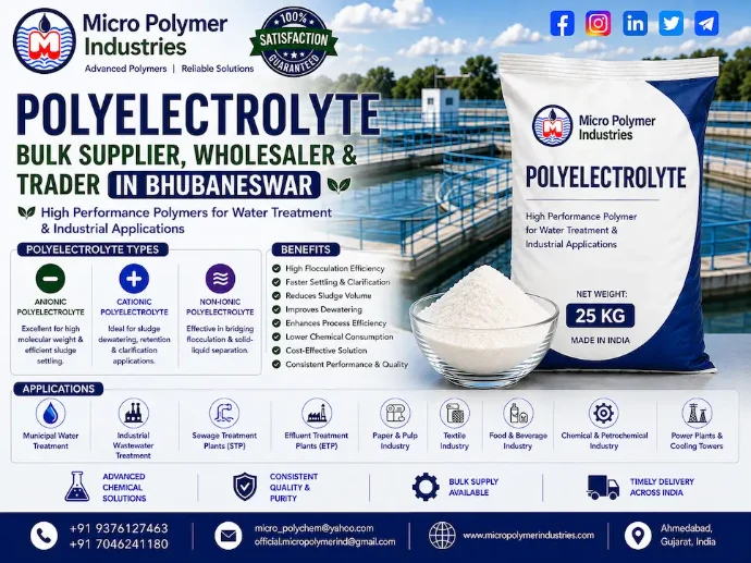 Micro Polymer Industries is a trusted Polyelectrolyte Bulk Supplier, Wholesaler & Trader in Bhubaneswar, manufacturing and supplying high-performance water and wastewater treatment chemicals for industries across Bhubaneswar and Odisha.