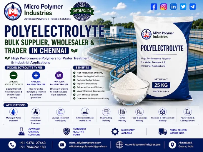 Micro Polymer Industries is a leading Polyelectrolyte Bulk Supplier, Wholesaler & Trader in Chennai, supplying premium-quality industrial water and wastewater treatment chemicals to customers across Chennai and Tamil Nadu.