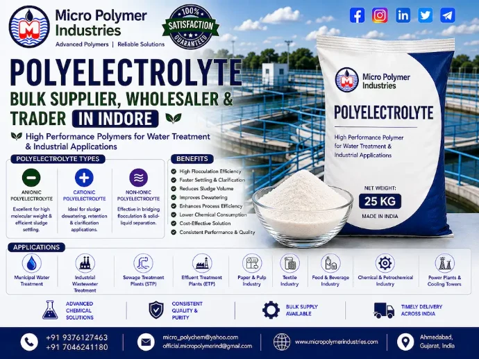 Micro Polymer Industries is a trusted Polyelectrolyte Bulk Supplier, Wholesaler & Trader in Indore, supplying high-performance water and wastewater treatment chemicals to industries across Indore and Madhya Pradesh.