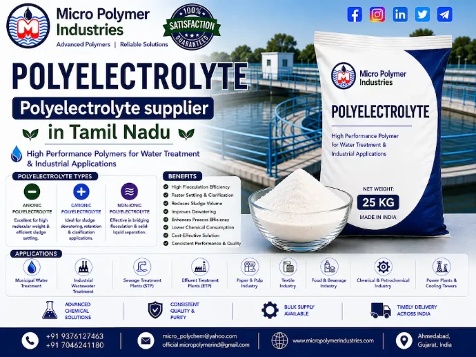 Micro Polymer Industries is a reliable Polyelectrolyte supplier in Tamil Nadu, providing advanced water and wastewater treatment chemicals to various industries. Our manufacturing unit is located in Ahmedabad, Gujarat, India.