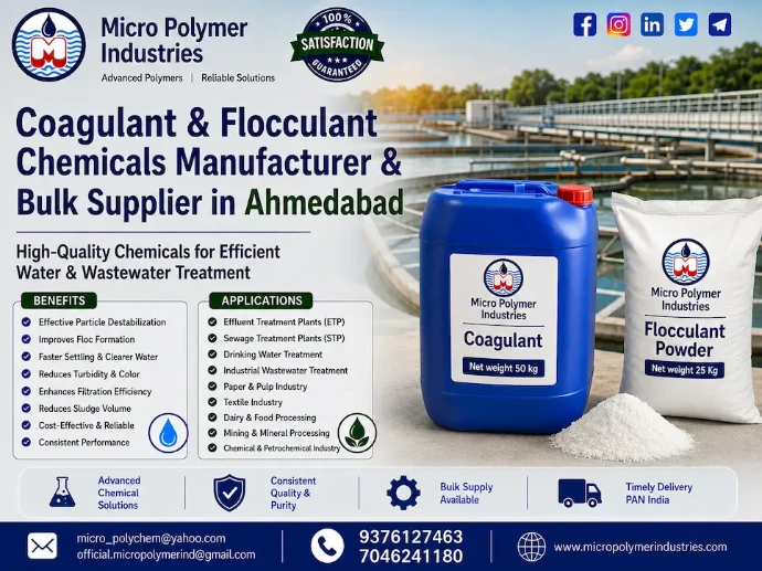 Micro Polymer Industries is a leading Coagulant & Flocculant Chemicals Manufacturer & Bulk Supplier in Ahmedabad, Gujarat, serving industries across India since 1992. With over 30 years of manufacturing experience, we provide high-performance water treatment chemicals designed for industrial and municipal applications.