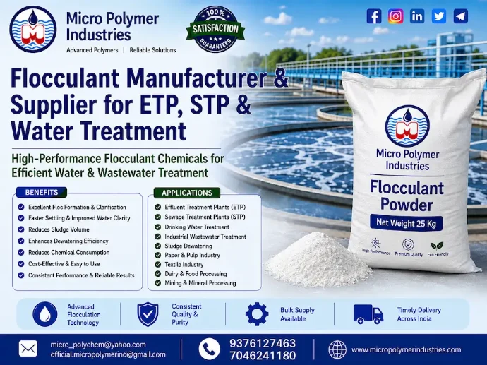 Micro Polymer Industries is a leading Flocculant Manufacturer & Supplier serving industries across India since 1992. We manufacture premium-quality Anionic, Cationic and Nonionic Flocculants designed to deliver superior performance in industrial and municipal water treatment applications.
