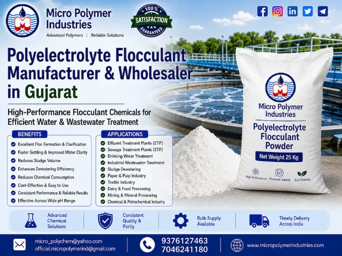 Micro Polymer Industries is a leading manufacturer and wholesale supplier of premium-quality Polyelectrolyte Flocculant Powder in Gujarat. Since 1992, we have been serving industries with high-performance flocculants designed for efficient solid-liquid separation, sludge dewatering, clarification, suspended solids removal, colour removal and wastewater treatment.