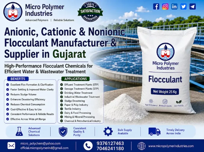 Micro Polymer Industries is one of Gujarat's trusted manufacturers of industrial Flocculant Chemicals for water and wastewater treatment applications. Since 1992, we have been supplying premium-quality flocculants to industries, municipalities, OEMs, EPC contractors and water treatment companies across Gujarat and India.