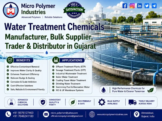 Micro Polymer Industries is a Water Treatment Chemicals Manufacturer, Bulk Supplier, Trader & Distributor in Gujarat, supplying industrial water and wastewater treatment chemicals for ETP, STP, WTP, sludge dewatering, clarification, coagulation, flocculation, colour removal and other industrial treatment applications.