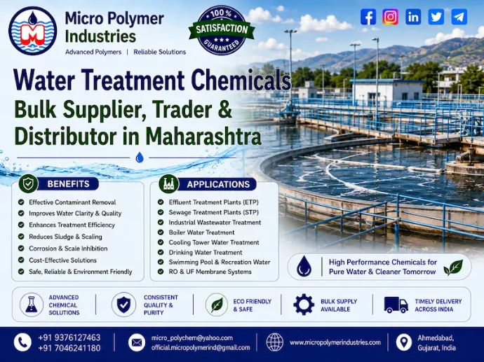 Micro Polymer Industries is a leading Water Treatment Chemicals Bulk Supplier, Trader & Distributor in Maharashtra, providing industrial water and wastewater treatment chemicals for ETP, STP, WTP, sludge dewatering, coagulation, flocculation, clarification, colour removal and other industrial applications. With 30+ years of experience in industrial chemicals and water-treatment solutions, we supply chemical products to industries, wastewater-treatment plants, EPC companies, contractors, traders, distributors and bulk buyers across Maharashtra.