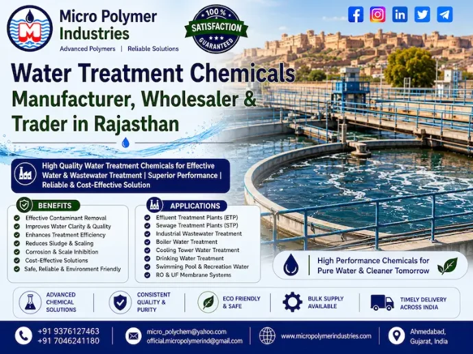 Micro Polymer Industries is a Water Treatment Chemicals Manufacturer, Wholesaler & Trader in Rajasthan, supplying industrial water and wastewater treatment chemicals for ETP, STP, WTP, sludge dewatering, coagulation, flocculation, clarification, colour removal and other industrial applications. With 30+ years of experience in industrial chemicals and water-treatment solutions.