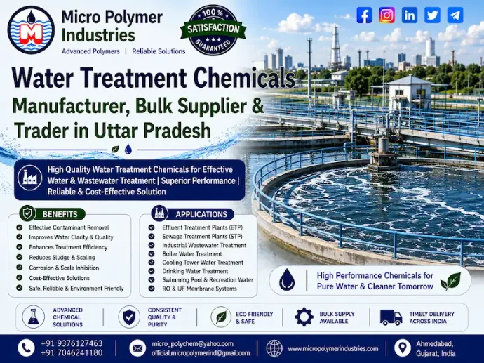 Micro Polymer Industries is a Water Treatment Chemicals Manufacturer, Bulk Supplier & Trader in Uttar Pradesh, supplying industrial water and wastewater treatment chemicals for ETP, STP, WTP, sludge dewatering, coagulation, flocculation, clarification, colour removal and other industrial applications.