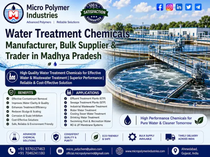 Micro Polymer Industries is a Water Treatment Chemicals Manufacturer, Bulk Supplier & Trader in Madhya Pradesh, supplying industrial water and wastewater treatment chemicals for ETP, STP, WTP, sludge dewatering, coagulation, flocculation, clarification, colour removal and industrial process-water applications.