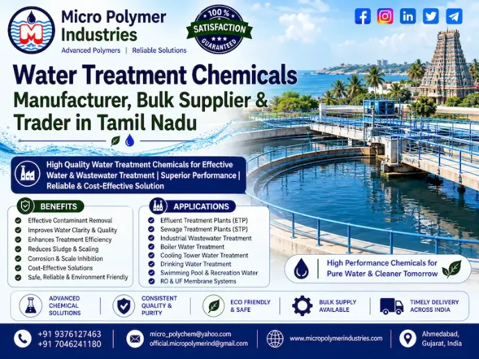 Micro Polymer Industries is a Water Treatment Chemicals Manufacturer, Bulk Supplier & Trader in Tamil Nadu, supplying industrial water and wastewater treatment chemicals for ETP, STP, WTP, sludge dewatering, coagulation, flocculation, clarification, colour removal and industrial wastewater-treatment applications.