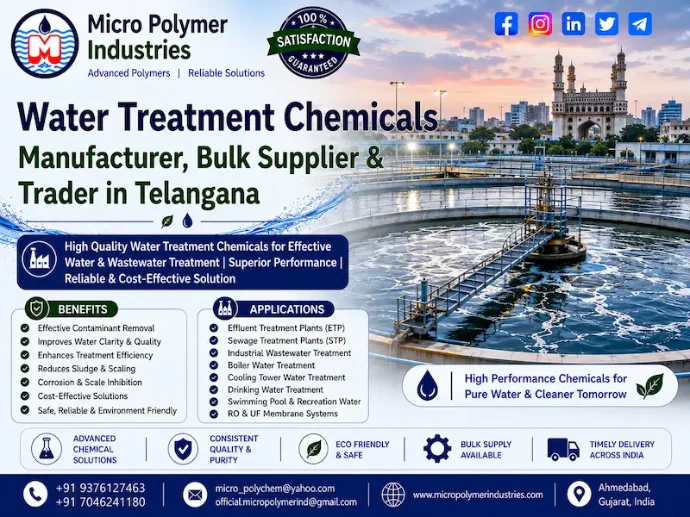Micro Polymer Industries is a Water Treatment Chemicals Manufacturer, Bulk Supplier & Trader in Telangana, supplying industrial water and wastewater treatment chemicals for ETP, STP, WTP, sludge dewatering, coagulation, flocculation, clarification, colour removal and industrial water-treatment applications.
