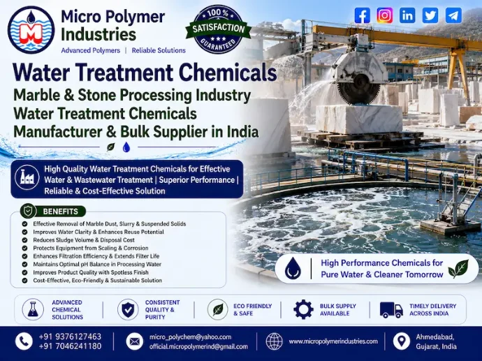Micro Polymer Industries is a trusted Marble & Stone Processing Industry Water Treatment Chemicals Manufacturer & Bulk Supplier in India, supplying industrial water and wastewater treatment chemicals for marble cutting, stone processing, polishing, grinding, slurry treatment and wastewater clarification applications.
