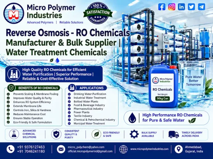 Micro Polymer Industries is a trusted Reverse Osmosis (RO) Chemicals Manufacturer & Bulk Supplier in India, providing a wide range of chemicals for RO plants, water purification systems, membrane cleaning, membrane protection and industrial water treatment applications.