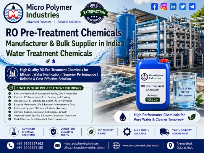 Micro Polymer Industries is a trusted RO Pre-Treatment Chemicals Manufacturer & Bulk Supplier in India, offering a wide range of water treatment chemicals for protecting RO membranes and improving the performance of industrial reverse osmosis systems.