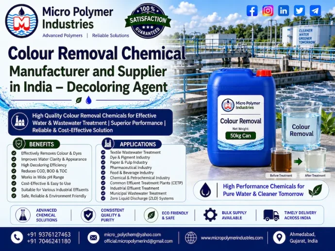 Micro Polymer Industries is a leading Colour Removal Chemical Manufacturer and Supplier in India, specializing in Decoloring Agent, Colour Removal Chemicals, COD Reduction Chemicals, Polyamine, Coagulants and Polyelectrolytes for industrial wastewater treatment.