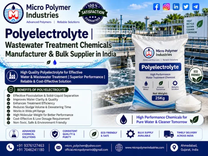 Micro Polymer Industries is an experienced Polyelectrolyte Manufacturer and Bulk Supplier in India, offering high-performance polyelectrolytes and wastewater treatment chemicals for industrial ETP, STP, sludge dewatering, clarification and solid-liquid separation applications.