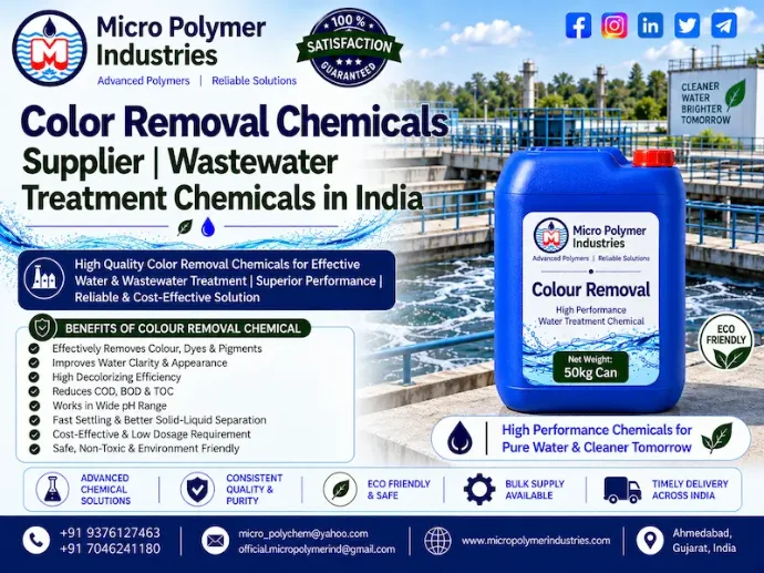 Micro Polymer Industries is a trusted Color Removal Chemicals Supplier in India, providing effective wastewater treatment chemicals for textile, dyeing, printing, chemical, pigment, paper and other industrial wastewater applications.