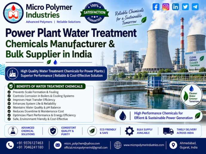 Micro Polymer Industries is a trusted Power Plant Water Treatment Chemicals Manufacturer & Bulk Supplier in India, supplying a wide range of industrial chemicals for power generation, boiler water treatment, cooling water treatment, RO systems, wastewater treatment and sludge handling applications.