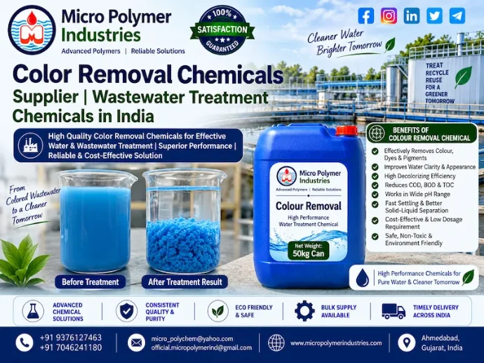 Micro Polymer Industries is a trusted Color Removal Chemicals Supplier in India, providing effective wastewater treatment chemicals for textile, dyeing, printing, chemical, pigment, paper and other industrial wastewater applications.