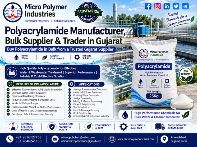 Micro Polymer Industries is a trusted Polyacrylamide Manufacturer, Bulk Supplier & Trader in Gujarat, supplying high-quality Polyacrylamide and water treatment polymers for industrial wastewater treatment, sludge dewatering, clarification, mining, paper, textile, ceramic and other industrial applications.