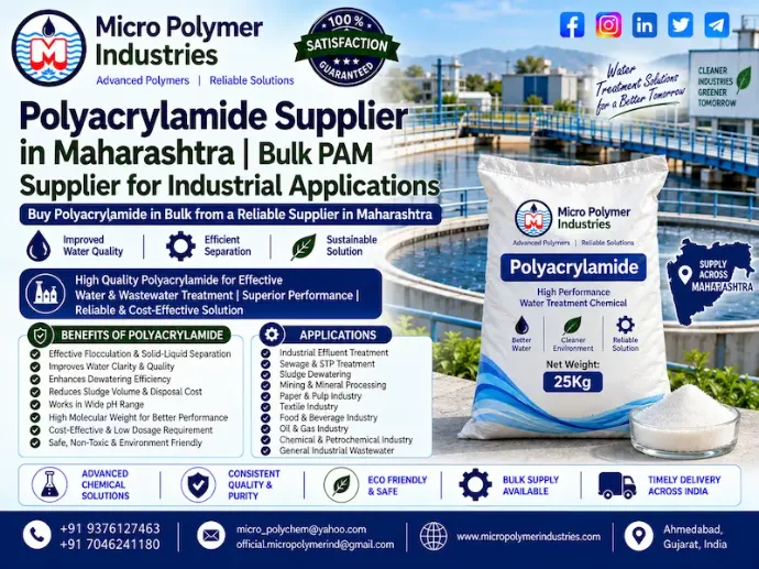Micro Polymer Industries is a trusted Polyacrylamide Supplier in Maharashtra, supplying high-quality Polyacrylamide (PAM) for industrial wastewater treatment, ETP, STP, sludge dewatering, clarification and solid-liquid separation applications.