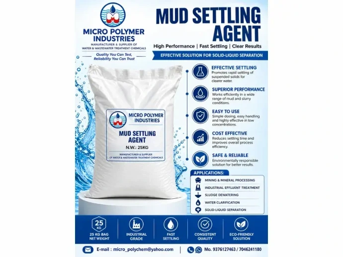 Micro Polymer Industries is a Mud Settling Agent manufacturer and bulk supplier in Ahmedabad, Gujarat, offering industrial chemical solutions for mud settling, suspended solids separation, sludge clarification and industrial wastewater treatment.