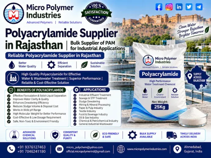 Micro Polymer Industries is a trusted Polyacrylamide Supplier in Rajasthan, supplying high-quality Polyacrylamide (PAM) for wastewater treatment, ETP, sludge dewatering, mining, mineral processing, textile and industrial solid-liquid separation applications.