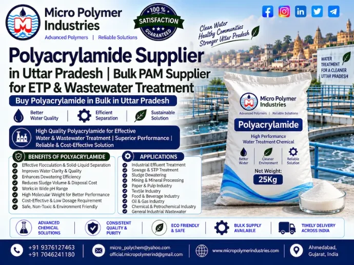 Micro Polymer Industries is a reliable Polyacrylamide Supplier in Uttar Pradesh, supplying industrial Polyacrylamide (PAM) for wastewater treatment, ETP, STP, sludge dewatering, clarification and industrial solid-liquid separation.
