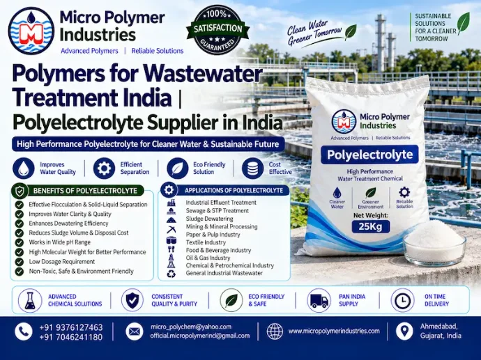 Micro Polymer Industries is a manufacturer and bulk supplier of Polymers for Wastewater Treatment in India, offering Anionic, Cationic and Nonionic Polyelectrolytes / Polyacrylamide for industrial wastewater treatment, ETP, STP, sludge dewatering, clarification, thickening and solid-liquid separation applications.