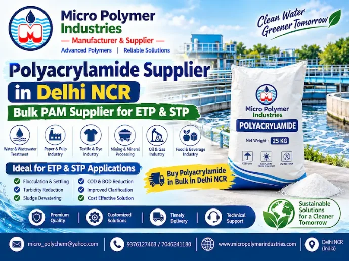 Micro Polymer Industries is a Polyacrylamide Supplier in Delhi NCR, supplying Anionic, Cationic and Nonionic Polyacrylamide for industrial wastewater treatment, ETP, STP, sludge dewatering and solid-liquid separation.  Types of Polyacrylamide We Supply