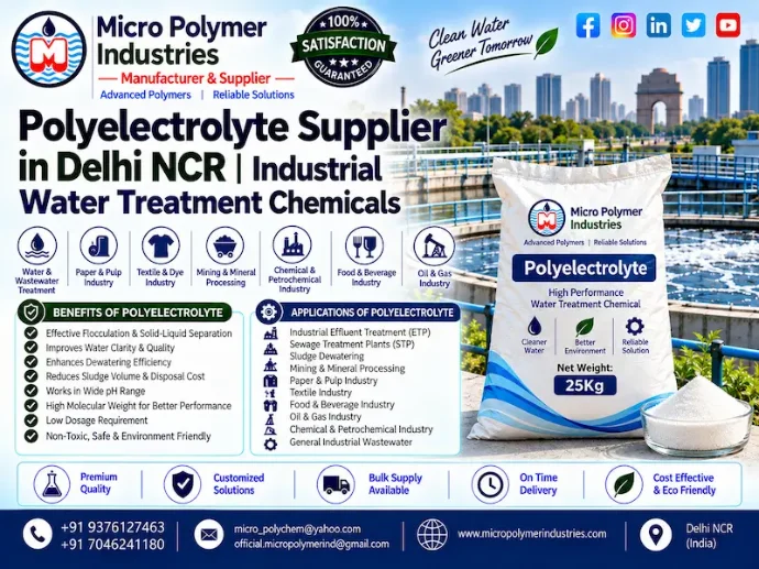 Micro Polymer Industries is a trusted Polyelectrolyte Supplier in Delhi NCR, supplying industrial water and wastewater treatment chemicals for effective clarification, sludge handling and wastewater management. Our manufacturing unit is based in Ahmedabad. Gujarat.