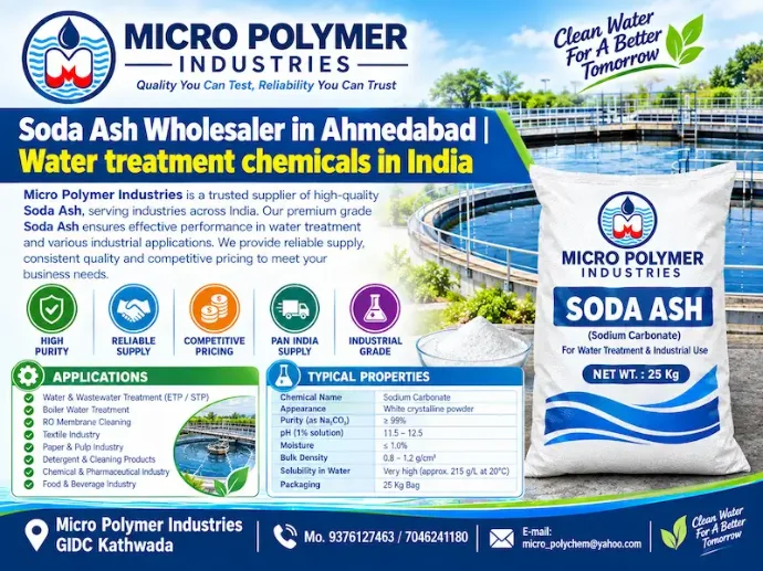 Micro Polymer Industries is a trusted Soda Ash wholesaler in Ahmedabad, Gujarat, supplying high-quality alkali chemicals for water treatment, glass manufacturing, and various industrial applications across India. Soda Ash, also known as Sodium Carbonate, is widely used for pH control, water softening, and chemical processing due to its strong alkaline properties.