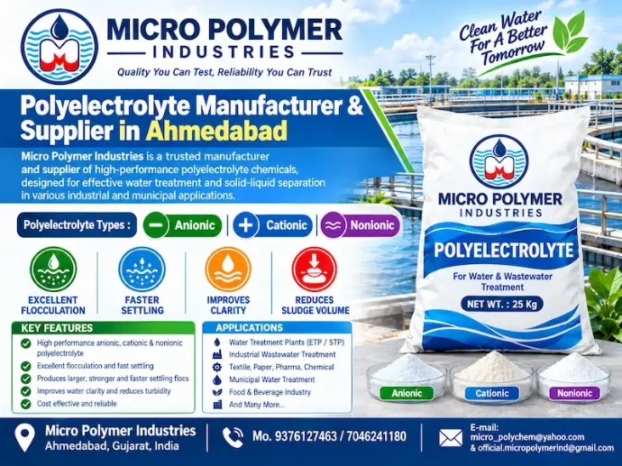 Micro Polymer Industries is a trusted polyelectrolyte manufacturer & Supplier in Ahmedabad, Gujarat, supplying high-performance water and wastewater treatment chemicals for various industries. Our range includes Anionic, Cationic, and Nonionic Polyelectrolytes used in ETP, STP, sludge dewatering, and industrial wastewater treatment.