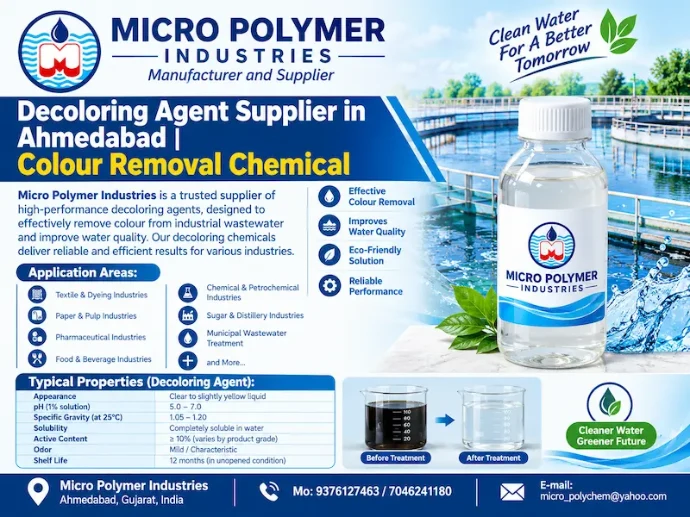 Micro Polymer Industries is a trusted manufacturer and supplier of high-performance Decoloring Agent in Ahmedabad, Gujarat, India. Our advanced decoloring chemical is specially formulated to remove color, reduce COD, and improve the clarity of industrial wastewater efficiently and economically. Decoloring Agent also known as Color Removal chemical.