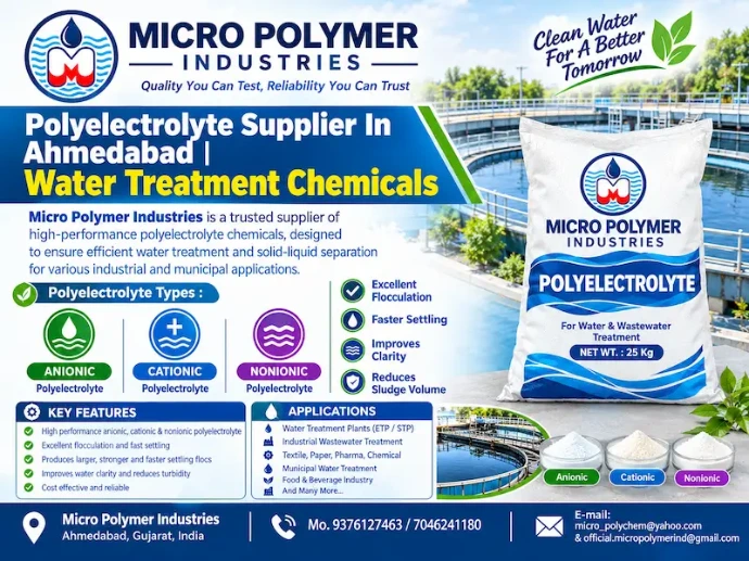 Micro Polymer Industries is a trusted polyelectrolyte supplier in Ahmedabad, Gujarat, offering high-performance water and wastewater treatment chemicals for various industrial applications.