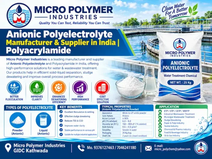 Micro Polymer Industries is a manufacturer and supplier of Anionic Polyelectrolyte, Anionic Polyacrylamide (APAM), Anionic PAM and Flocculant Powder for industrial water and wastewater treatment applications across India.