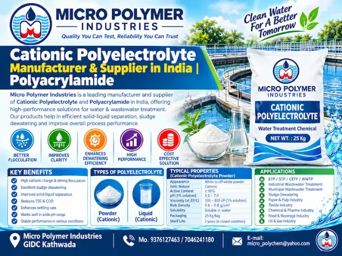 Micro Polymer Industries is a manufacturer and supplier of Cationic Polyelectrolyte, Cationic Polyacrylamide (CPAM), Cationic PAM and Flocculant Powder for industrial wastewater treatment, sludge conditioning and solid-liquid separation applications across India.