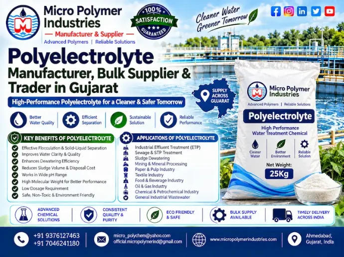 Micro Polymer Industries is a leading Polyelectrolyte Manufacturer & Supplier in Gujarat, delivering high-performance water and wastewater treatment chemicals for diverse industrial applications. Polyelectrolytes are water-soluble polymers widely used as flocculants to remove suspended solids, turbidity, and contaminants from water systems.