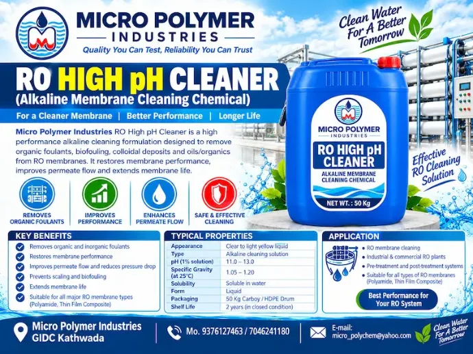Micro Polymer Industries manufactures and supplies RO High pH Cleaner / Alkaline Membrane Cleaning Chemical for cleaning and maintaining industrial Reverse Osmosis (RO), Nanofiltration (NF) and compatible membrane systems.