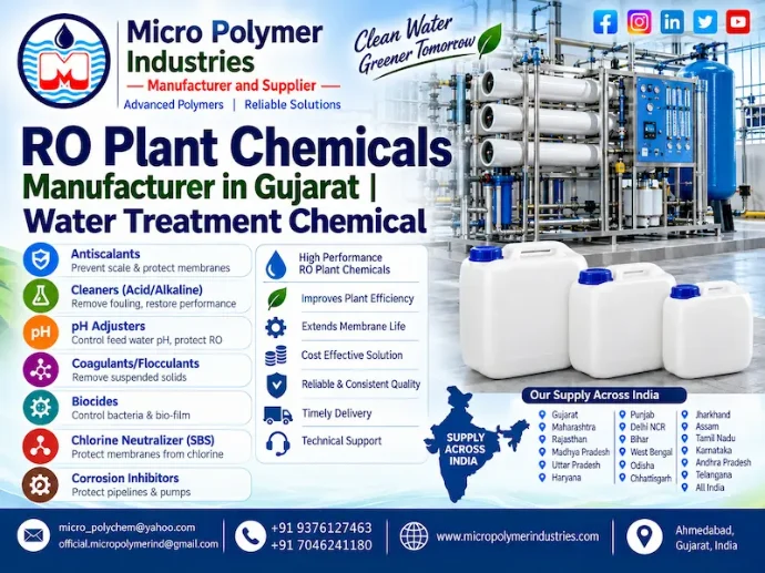 Micro Polymer Industries is a trusted manufacturer and supplier of RO Plant Chemicals in Ahmedabad, Gujarat. Our high-quality chemicals are designed to enhance membrane life, prevent scaling, and improve overall RO system performance. Our RO chemical solutions help industries maintain optimal system performance, reduce downtime, and extend membrane life.
