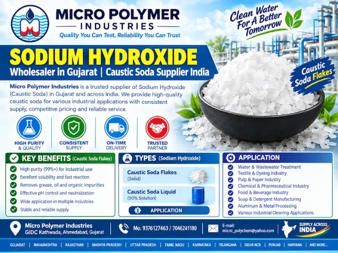 Micro Polymer Industries is a trusted Sodium Hydroxide wholesaler in Ahmedabad, Gujarat, supplying high-purity alkali chemicals for water treatment, textile processing, and industrial applications across India. Sodium Hydroxide, commonly known as Caustic Soda, is a strong base widely used for pH control, neutralization, and chemical manufacturing processes.