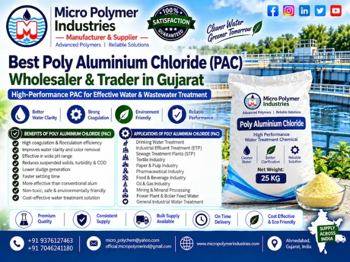 Micro Polymer Industries is a leading Wholesaler & Trader of Poly Aluminium Chloride (PAC) powder in Ahmedabad, Gujarat, India offering high-quality coagulants for water and wastewater treatment applications. Poly Aluminium Chloride is a highly efficient inorganic polymer coagulant widely used for removing turbidity, suspended solids, color, organic matter, and heavy metals from water.